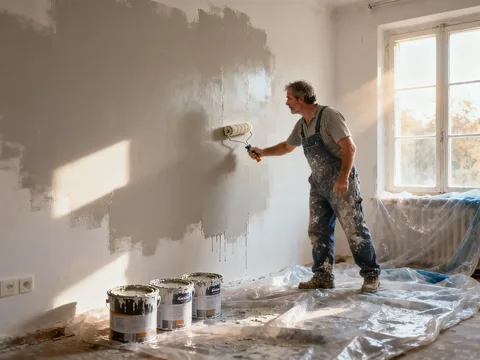 Peintre appliquant une sous-couche au rouleau en France