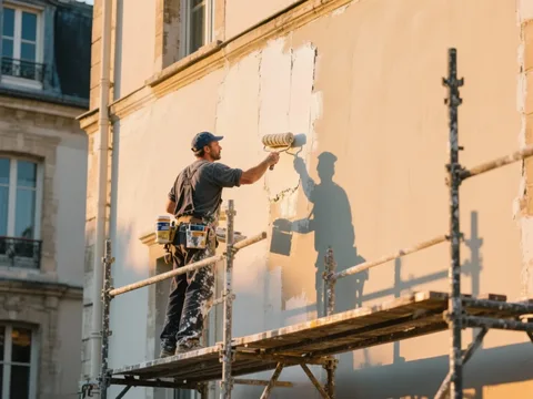 Ravalement de façade en France, peintre sur échafaudage