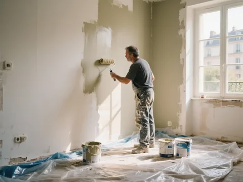 Peintre appliquant une sous-couche au rouleau en France