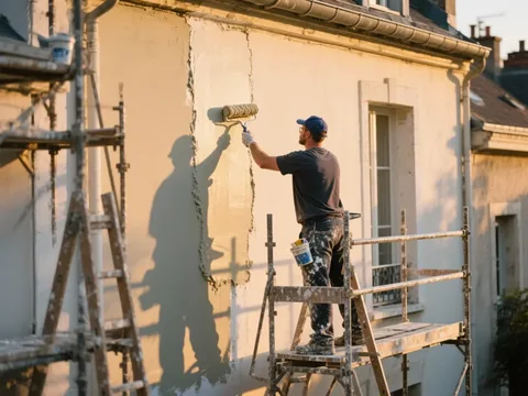 Ravalement de façade en France, peintre sur échafaudage