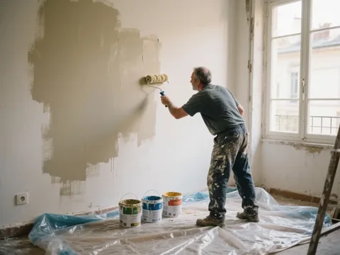 Peintre appliquant une sous-couche au rouleau en France