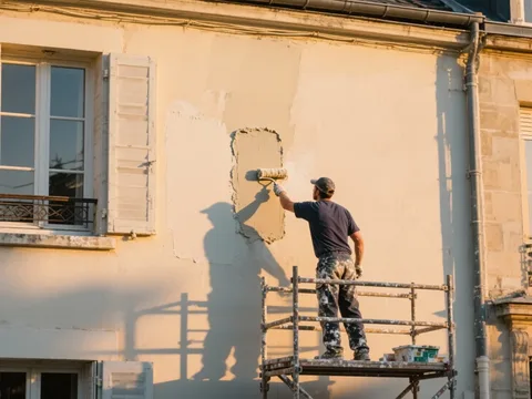 Ravalement de façade en France, peintre sur échafaudage