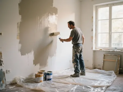 Peintre appliquant une sous-couche au rouleau en France