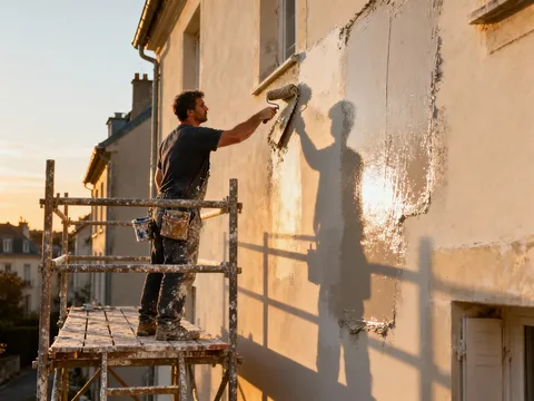 Ravalement de façade en France, peintre sur échafaudage