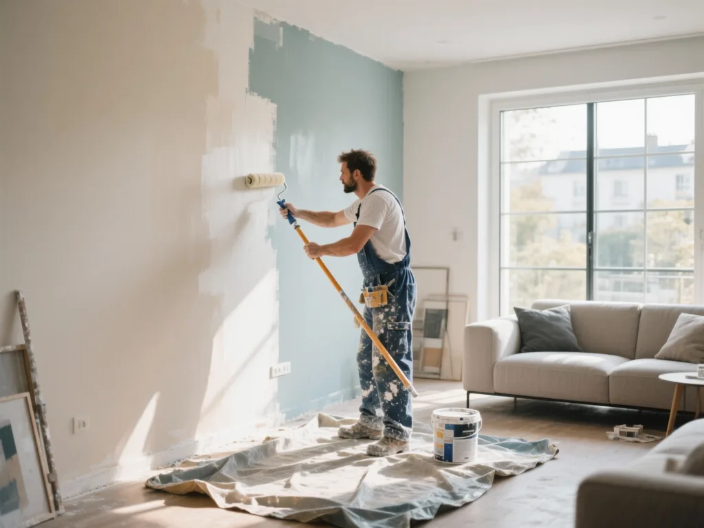Peintre en bâtiment en train de peindre un mur intérieur en France