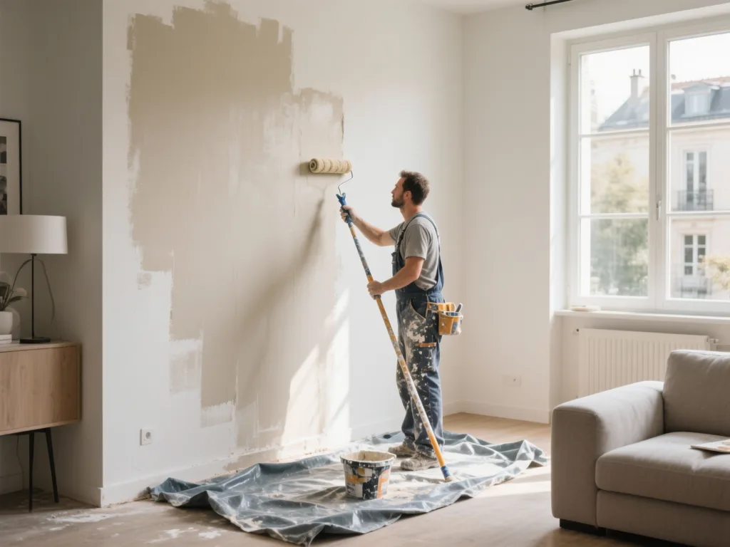 Peintre en bâtiment en train de peindre un mur intérieur en France