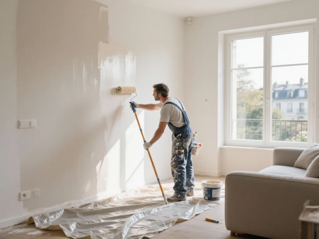 Peintre en bâtiment en train de peindre un mur intérieur en France